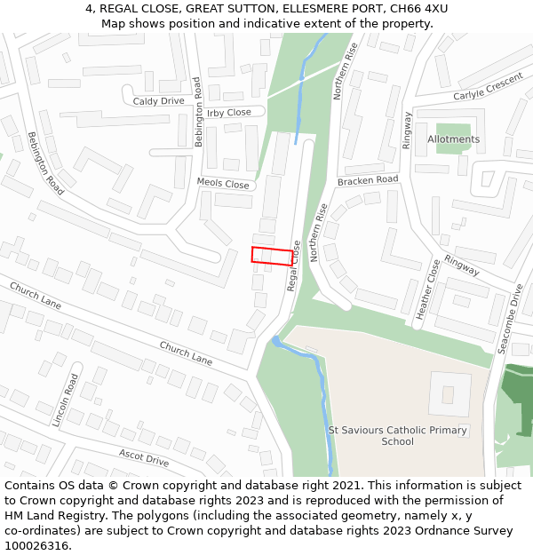 4, REGAL CLOSE, GREAT SUTTON, ELLESMERE PORT, CH66 4XU: Location map and indicative extent of plot