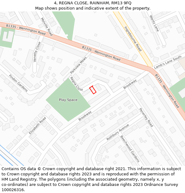 4, REGNA CLOSE, RAINHAM, RM13 9FQ: Location map and indicative extent of plot