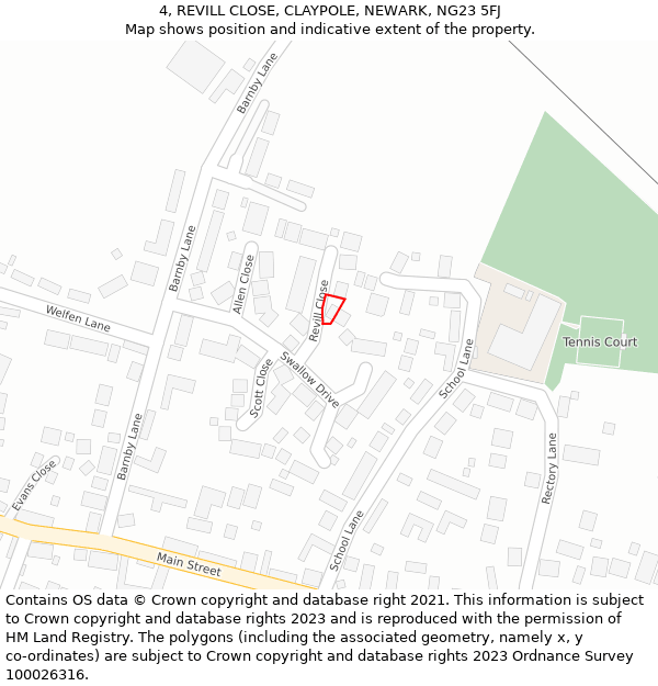 4, REVILL CLOSE, CLAYPOLE, NEWARK, NG23 5FJ: Location map and indicative extent of plot