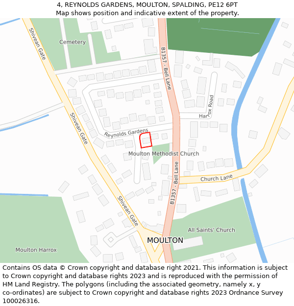 4, REYNOLDS GARDENS, MOULTON, SPALDING, PE12 6PT: Location map and indicative extent of plot