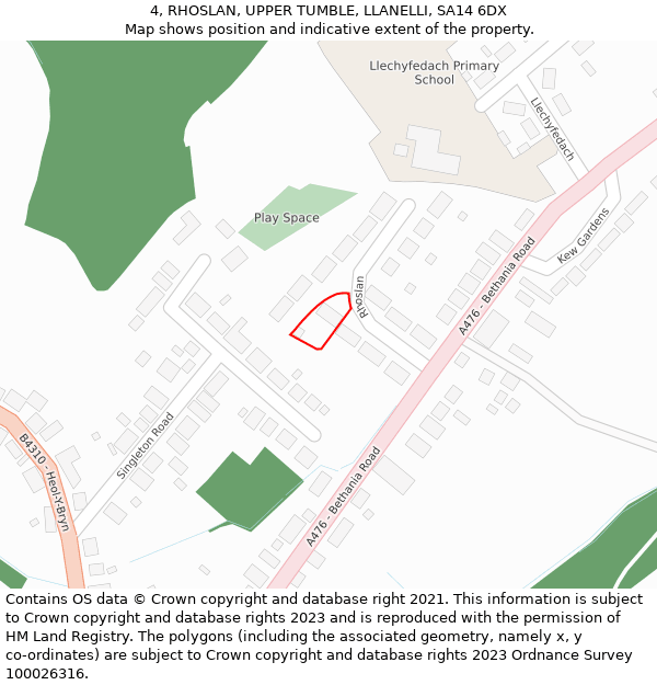 4, RHOSLAN, UPPER TUMBLE, LLANELLI, SA14 6DX: Location map and indicative extent of plot