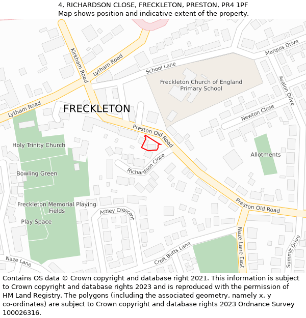 4, RICHARDSON CLOSE, FRECKLETON, PRESTON, PR4 1PF: Location map and indicative extent of plot