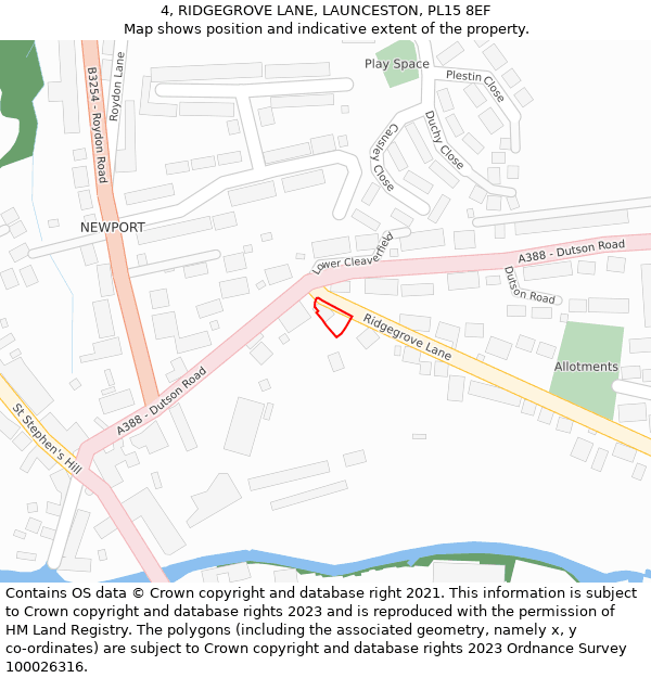 4, RIDGEGROVE LANE, LAUNCESTON, PL15 8EF: Location map and indicative extent of plot