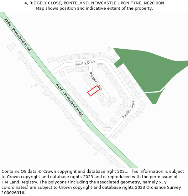 4, RIDGELY CLOSE, PONTELAND, NEWCASTLE UPON TYNE, NE20 9BN: Location map and indicative extent of plot