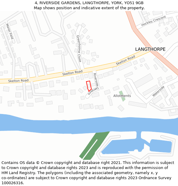 4, RIVERSIDE GARDENS, LANGTHORPE, YORK, YO51 9GB: Location map and indicative extent of plot