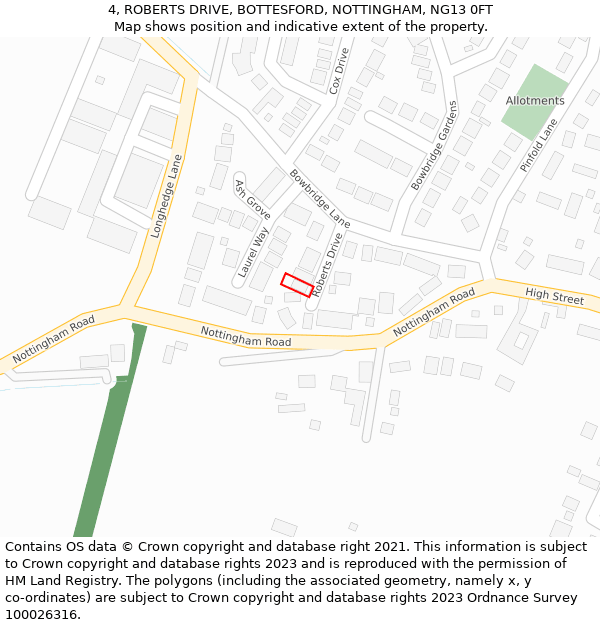 4, ROBERTS DRIVE, BOTTESFORD, NOTTINGHAM, NG13 0FT: Location map and indicative extent of plot