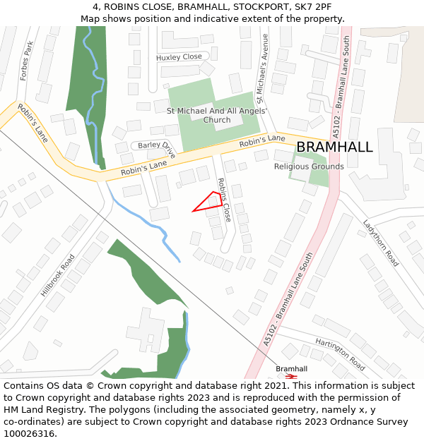 4, ROBINS CLOSE, BRAMHALL, STOCKPORT, SK7 2PF: Location map and indicative extent of plot