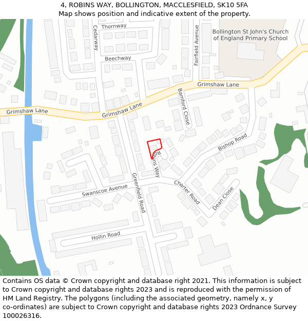 4, ROBINS WAY, BOLLINGTON, MACCLESFIELD, SK10 5FA: Location map and indicative extent of plot