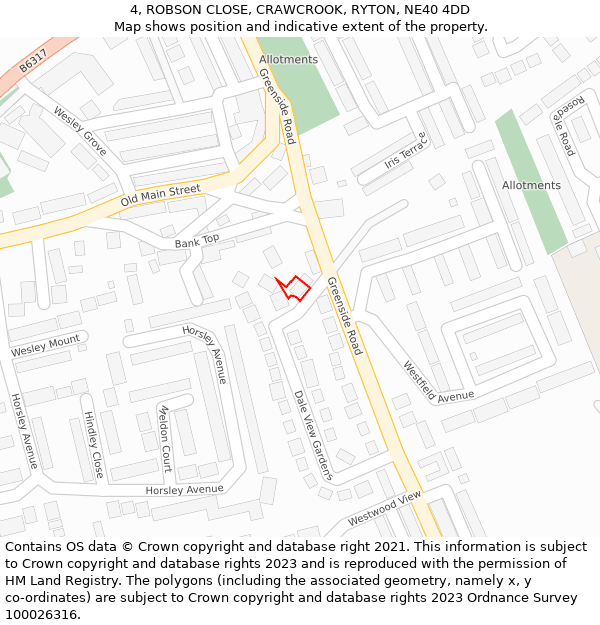 4, ROBSON CLOSE, CRAWCROOK, RYTON, NE40 4DD: Location map and indicative extent of plot