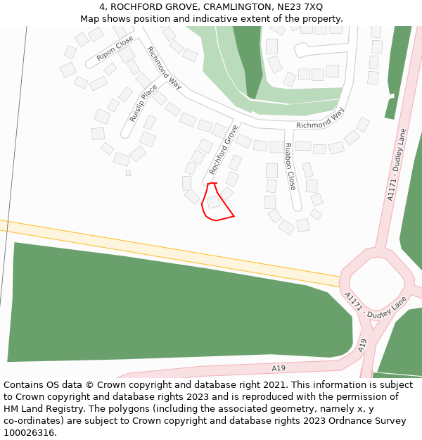 4, ROCHFORD GROVE, CRAMLINGTON, NE23 7XQ: Location map and indicative extent of plot