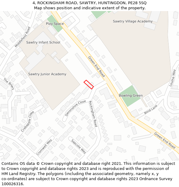 4, ROCKINGHAM ROAD, SAWTRY, HUNTINGDON, PE28 5SQ: Location map and indicative extent of plot