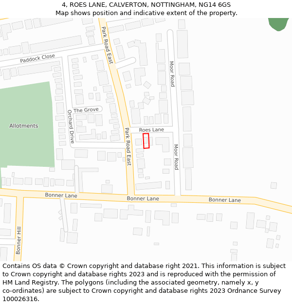 4, ROES LANE, CALVERTON, NOTTINGHAM, NG14 6GS: Location map and indicative extent of plot