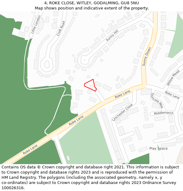 4, ROKE CLOSE, WITLEY, GODALMING, GU8 5NU: Location map and indicative extent of plot