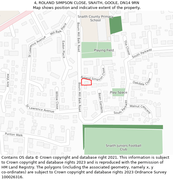 4, ROLAND SIMPSON CLOSE, SNAITH, GOOLE, DN14 9RN: Location map and indicative extent of plot