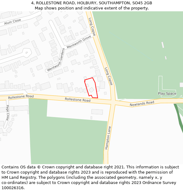 4, ROLLESTONE ROAD, HOLBURY, SOUTHAMPTON, SO45 2GB: Location map and indicative extent of plot