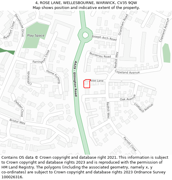 4, ROSE LANE, WELLESBOURNE, WARWICK, CV35 9QW: Location map and indicative extent of plot