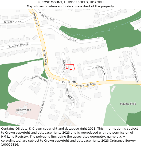 4, ROSE MOUNT, HUDDERSFIELD, HD2 2BU: Location map and indicative extent of plot