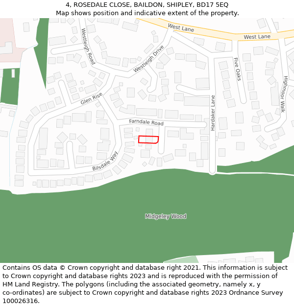 4, ROSEDALE CLOSE, BAILDON, SHIPLEY, BD17 5EQ: Location map and indicative extent of plot