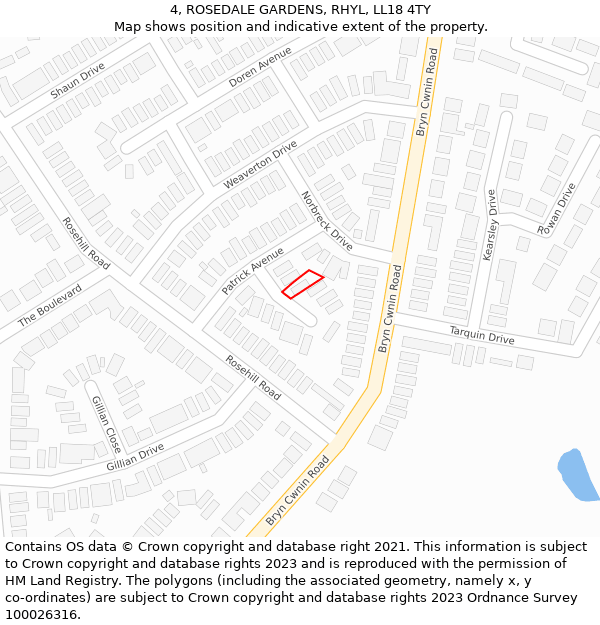 4, ROSEDALE GARDENS, RHYL, LL18 4TY: Location map and indicative extent of plot