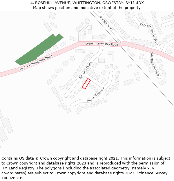 4, ROSEHILL AVENUE, WHITTINGTON, OSWESTRY, SY11 4DX: Location map and indicative extent of plot