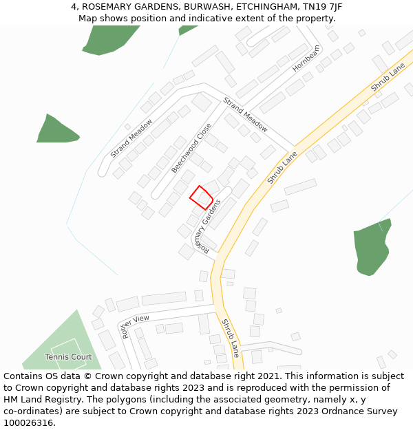 4, ROSEMARY GARDENS, BURWASH, ETCHINGHAM, TN19 7JF: Location map and indicative extent of plot