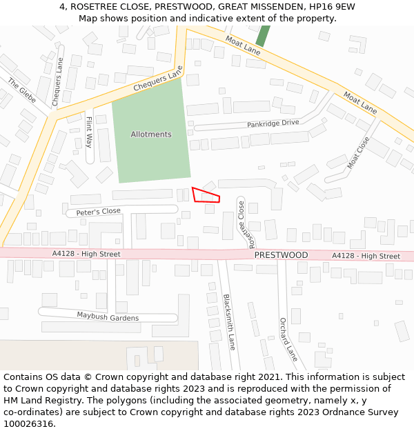 4, ROSETREE CLOSE, PRESTWOOD, GREAT MISSENDEN, HP16 9EW: Location map and indicative extent of plot