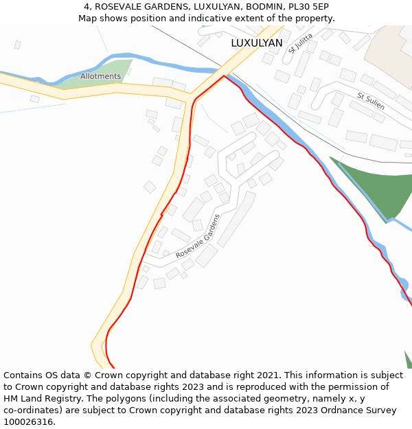 4, ROSEVALE GARDENS, LUXULYAN, BODMIN, PL30 5EP: Location map and indicative extent of plot