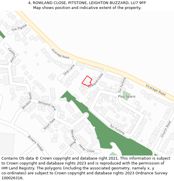 4, ROWLAND CLOSE, PITSTONE, LEIGHTON BUZZARD, LU7 9FP: Location map and indicative extent of plot