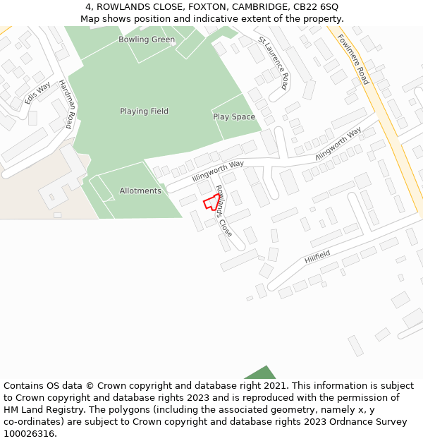 4, ROWLANDS CLOSE, FOXTON, CAMBRIDGE, CB22 6SQ: Location map and indicative extent of plot