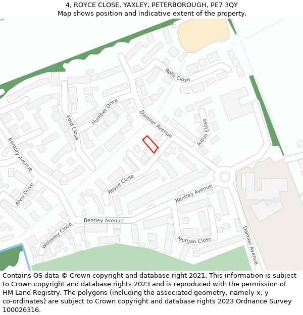 4, ROYCE CLOSE, YAXLEY, PETERBOROUGH, PE7 3QY: Location map and indicative extent of plot