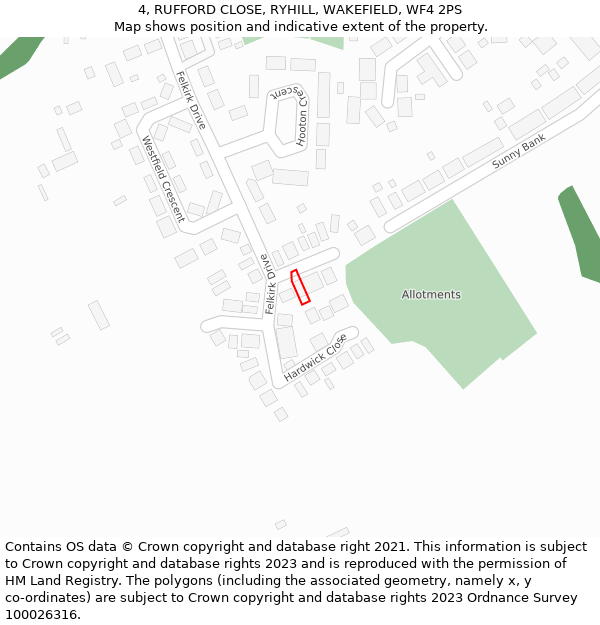 4, RUFFORD CLOSE, RYHILL, WAKEFIELD, WF4 2PS: Location map and indicative extent of plot