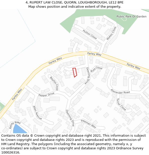 4, RUPERT LAW CLOSE, QUORN, LOUGHBOROUGH, LE12 8PE: Location map and indicative extent of plot