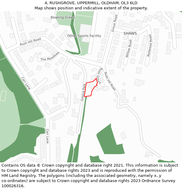 4, RUSHGROVE, UPPERMILL, OLDHAM, OL3 6LD: Location map and indicative extent of plot