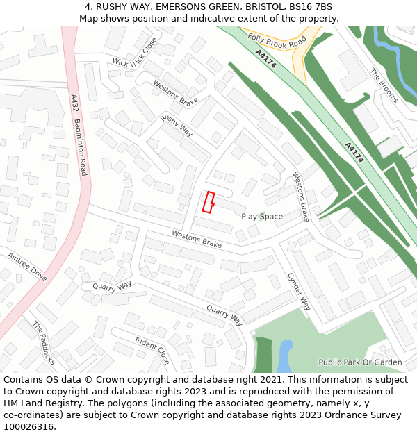 4, RUSHY WAY, EMERSONS GREEN, BRISTOL, BS16 7BS: Location map and indicative extent of plot