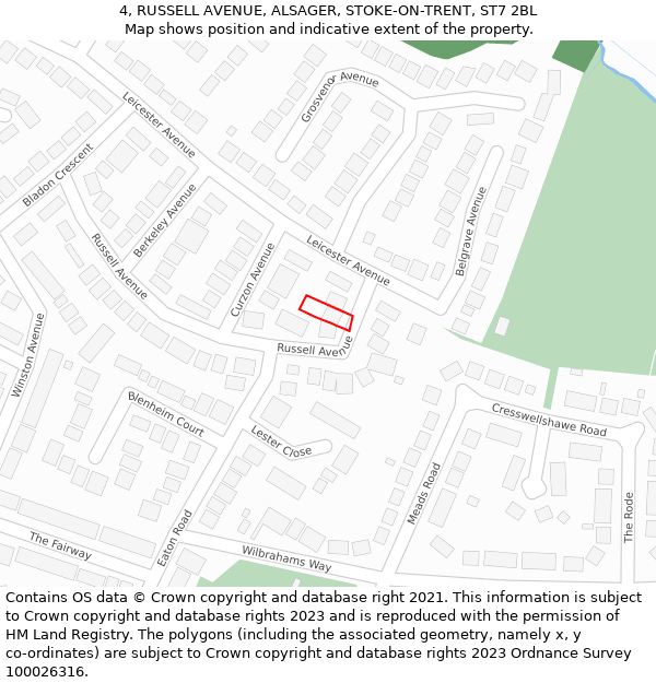 4, RUSSELL AVENUE, ALSAGER, STOKE-ON-TRENT, ST7 2BL: Location map and indicative extent of plot