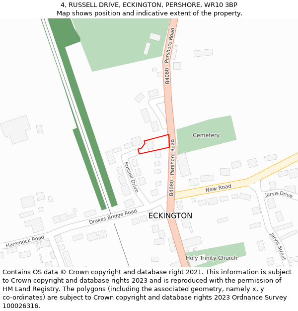4, RUSSELL DRIVE, ECKINGTON, PERSHORE, WR10 3BP: Location map and indicative extent of plot
