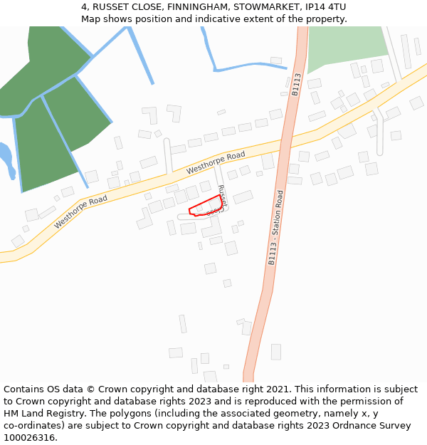 4, RUSSET CLOSE, FINNINGHAM, STOWMARKET, IP14 4TU: Location map and indicative extent of plot