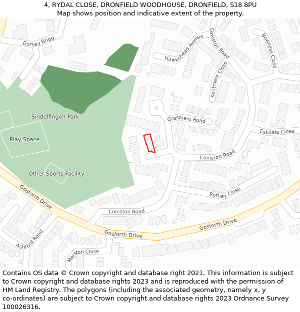 4, RYDAL CLOSE, DRONFIELD WOODHOUSE, DRONFIELD, S18 8PU: Location map and indicative extent of plot