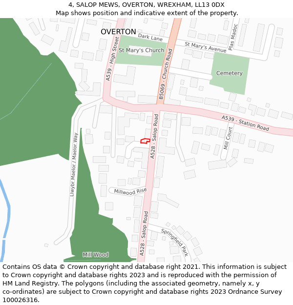 4, SALOP MEWS, OVERTON, WREXHAM, LL13 0DX: Location map and indicative extent of plot