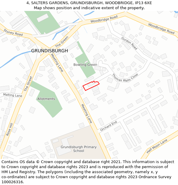 4, SALTERS GARDENS, GRUNDISBURGH, WOODBRIDGE, IP13 6XE: Location map and indicative extent of plot
