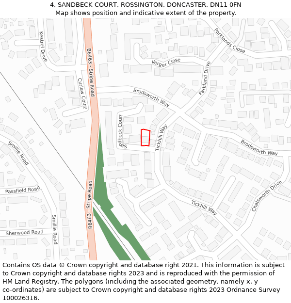 4, SANDBECK COURT, ROSSINGTON, DONCASTER, DN11 0FN: Location map and indicative extent of plot