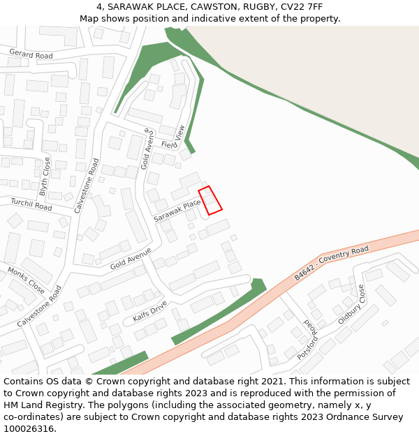 4, SARAWAK PLACE, CAWSTON, RUGBY, CV22 7FF: Location map and indicative extent of plot