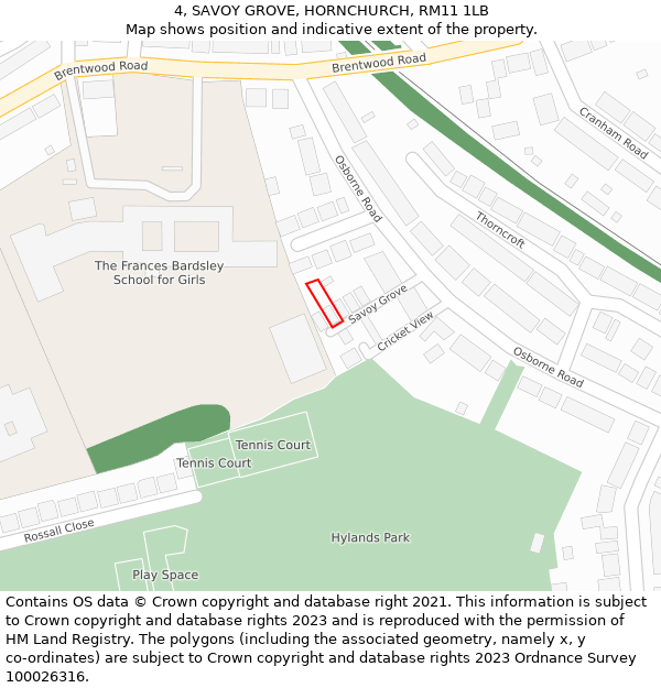 4, SAVOY GROVE, HORNCHURCH, RM11 1LB: Location map and indicative extent of plot