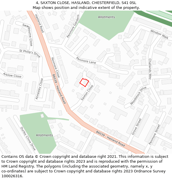 4, SAXTON CLOSE, HASLAND, CHESTERFIELD, S41 0SL: Location map and indicative extent of plot