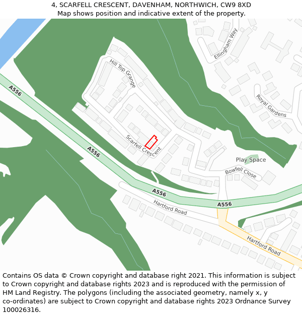 4, SCARFELL CRESCENT, DAVENHAM, NORTHWICH, CW9 8XD: Location map and indicative extent of plot