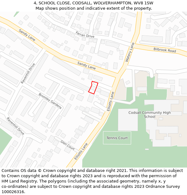 4, SCHOOL CLOSE, CODSALL, WOLVERHAMPTON, WV8 1SW: Location map and indicative extent of plot