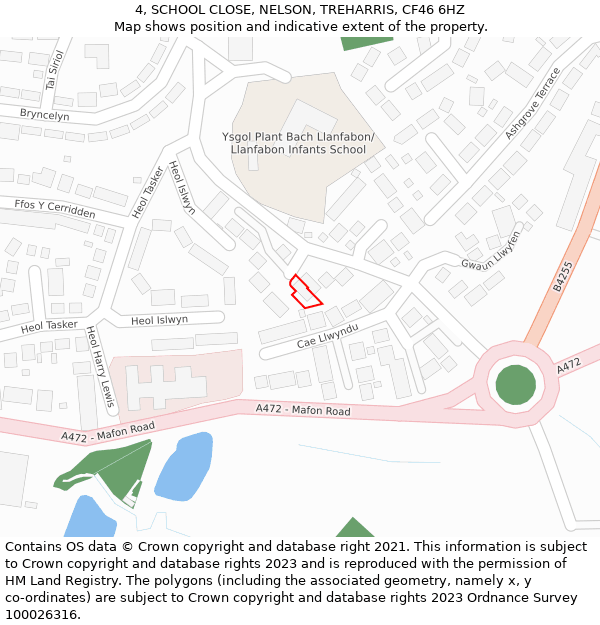 4, SCHOOL CLOSE, NELSON, TREHARRIS, CF46 6HZ: Location map and indicative extent of plot