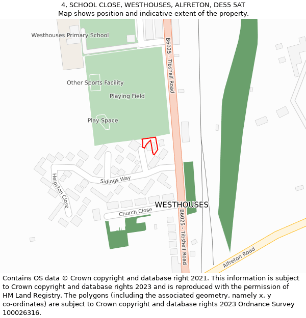 4, SCHOOL CLOSE, WESTHOUSES, ALFRETON, DE55 5AT: Location map and indicative extent of plot