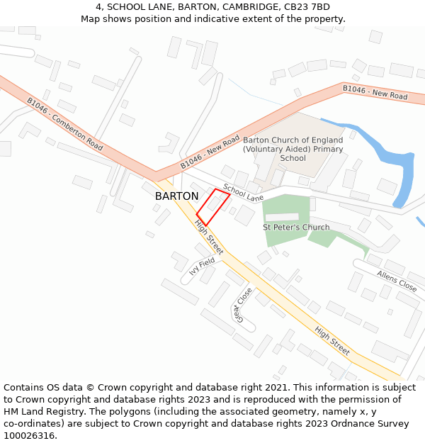 4, SCHOOL LANE, BARTON, CAMBRIDGE, CB23 7BD: Location map and indicative extent of plot