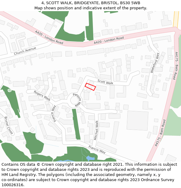 4, SCOTT WALK, BRIDGEYATE, BRISTOL, BS30 5WB: Location map and indicative extent of plot